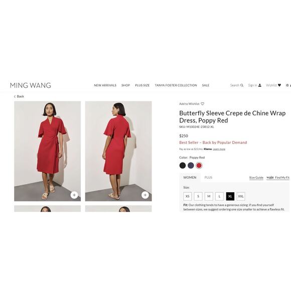 Ming Wang Butterfly Sleeve Crepe de Chine Wrap Dress Poppy Red Women's Size XL - Picture 16 of 16